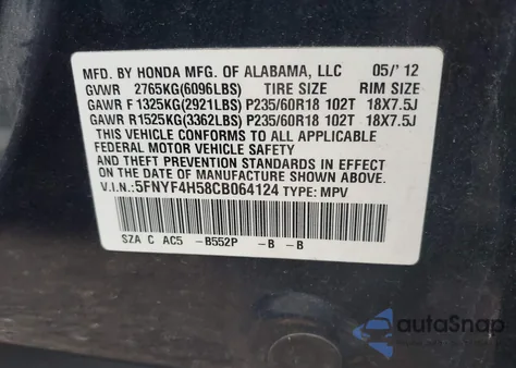 2012 Honda Pilot Ex-L from USA, damaged, VIN 5FNYF4H58CB064124